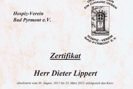 Zertifikat Ehrenamtlicher Mitarbeiter in der Hospizarbeit Dieter Lippert